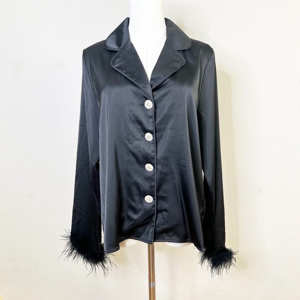Lulus Button Up Top Satin Feather Cuff Size M Black Rhinestone Long Sleeve PJ